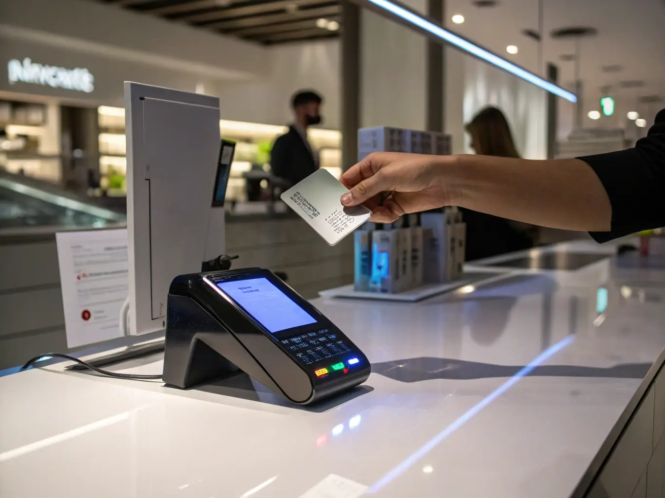 A close-up shot of a Ramp corporate card being used at a point-of-sale terminal, symbolizing ease of use and widespread acceptance.